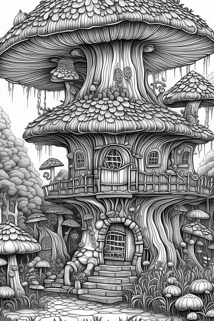 MANDELA STYLE .mushroom tree house in the forest Coloring Book for Adults and Kids, Instant Download, Grayscale Coloring Book