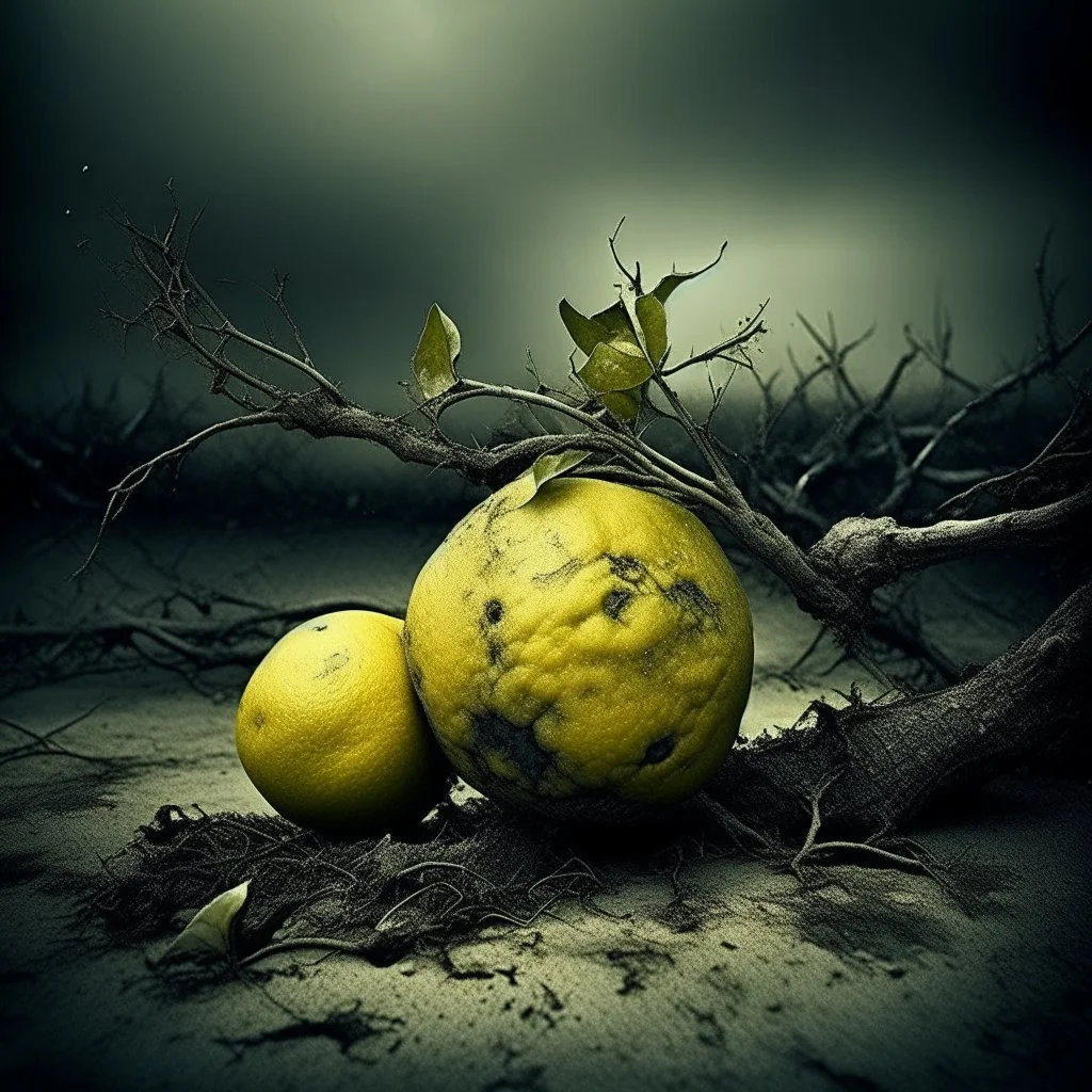 modernist surreal image, gnarly composition, grainy photography, faded colors, dark negative space, surreal, nihilistic, segmented rotting lemon with extra and mismatched underdeveloped limbs sprouting from the old fruit, meandering offset coherence, minimalism, foreboding, post-humanist pessimism