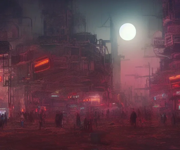 digital art, trending on artstation, a post apocalyptic world ruled by rusty machines under a full moon in a gigantic city full of neon lights and machines acting like humans, these being the vast majority of the population.