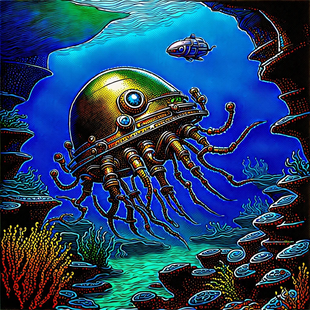 90's TCG fantasy artwork art of nautilus robot underwater