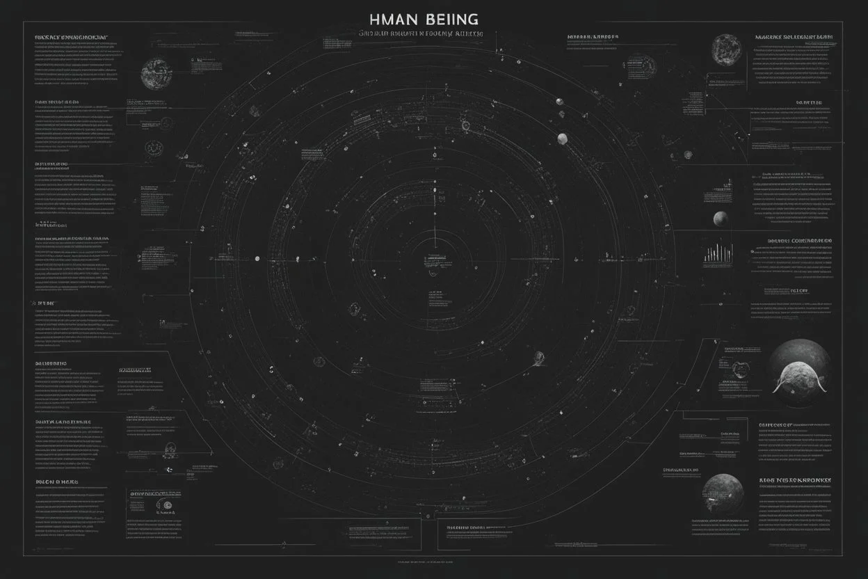 very minimalist infographic about human being, made by alien, extraterrestrial design, black grainy background, big text, stranges gliphs, more text than images