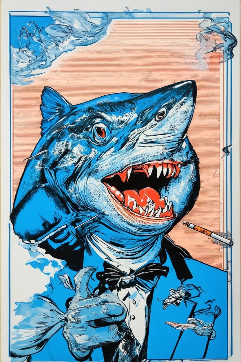 catfish with shark head smoking a ciggarrette in the style of warhol