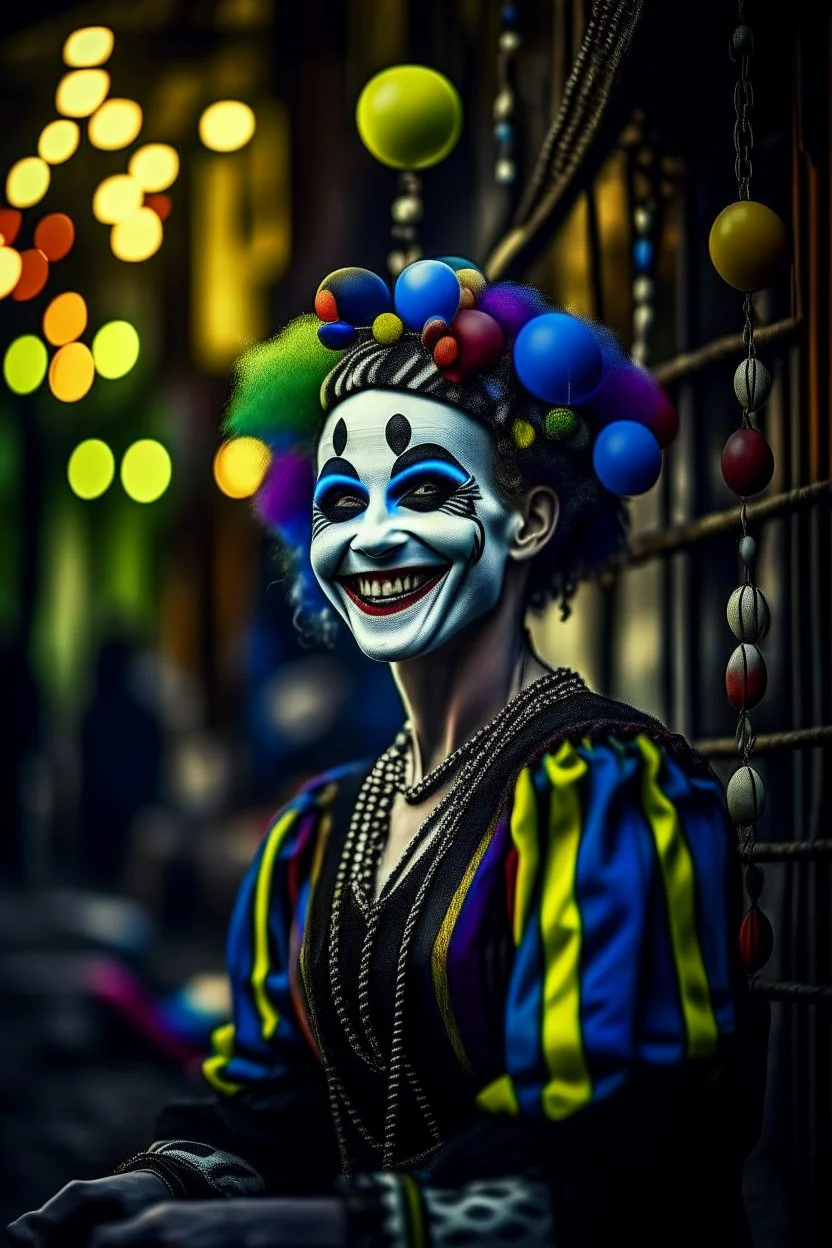 hyper real oil painting portrait of juggling laughing dreaming harlequin in cable trolley in goth ruins background, zeiss prime lens, bokeh like f/0.8, tilt-shift lens 8k, high detail, smooth render, down-light, unreal engine, prize winning