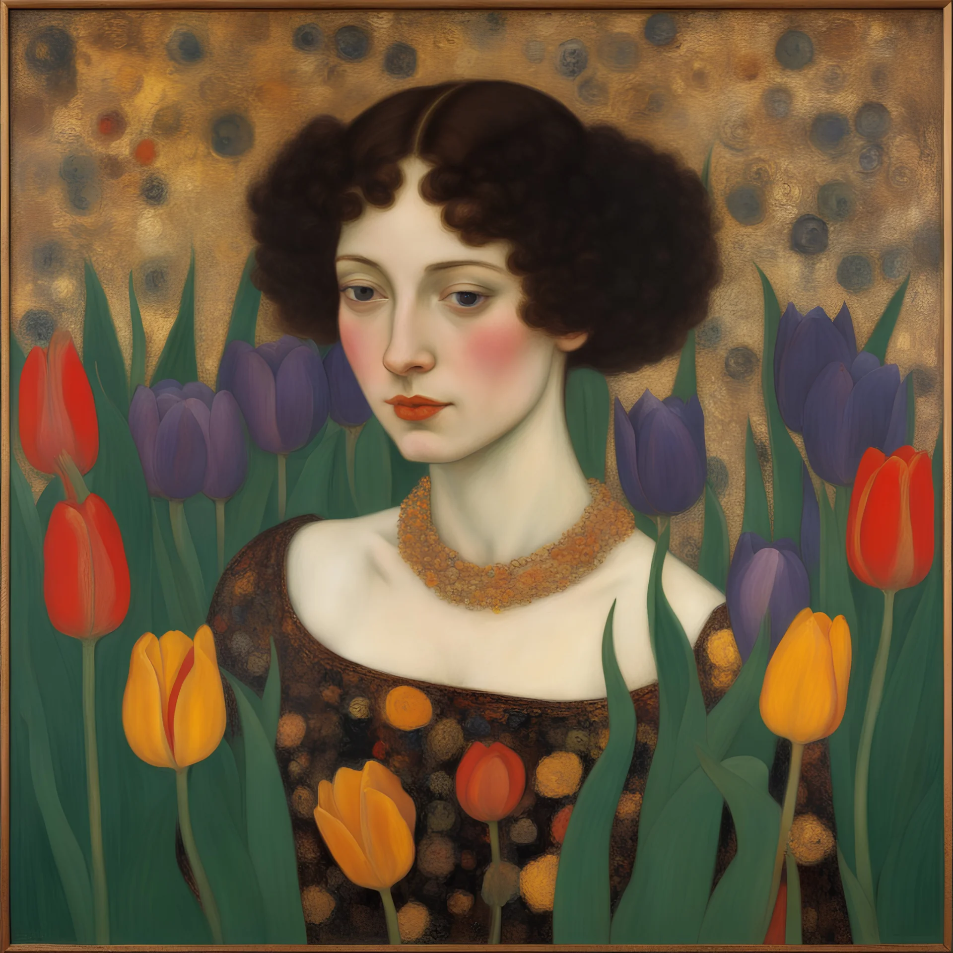 A portrait of a young woman holding a bouguet of tulips pressed to her chest painted by Klimt