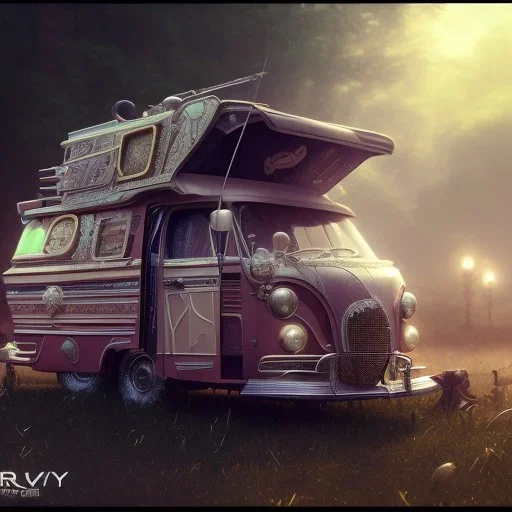 Caravan, ultra realistic, intricate details, ultra highly detailed, shiny, smooth, studio quality, octane render, Surrealism, Triadic colour scheme,glow-stick, ambient lighting,nightclub lighting, polaroid, 100mm, --ar 1:1 --v4