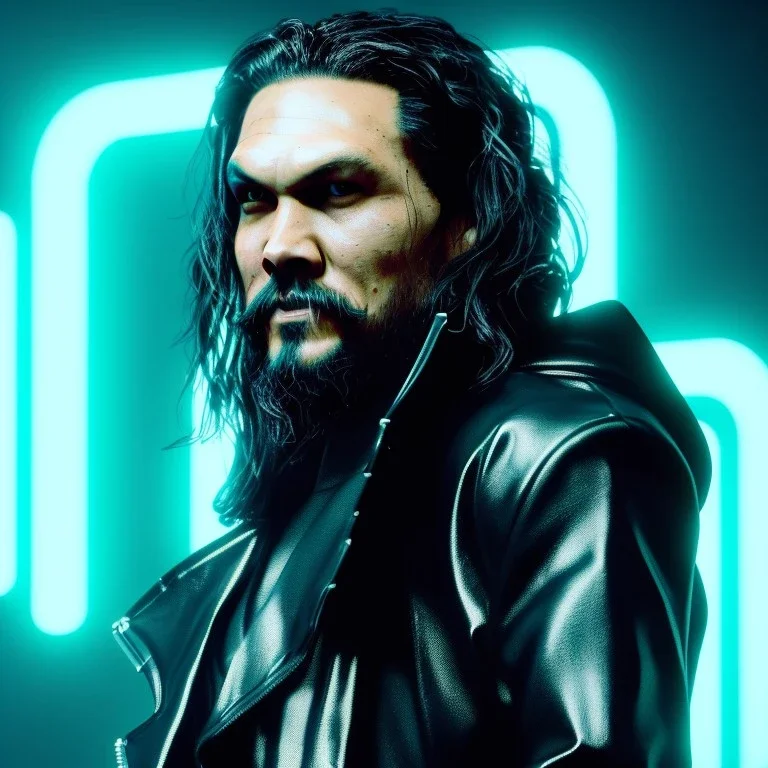 Actor, jason momoa, blade runner style, rain, fog, neon ambient, gradient color, clean skin, circuits, latex coat, cyber punk, neon, tubes, portrait, photo studio, unreal engine 5, smooth color, 16 bit, god lights, ray tracing, RTX, lumen lighting, ultra deatail, volumetric lighting, 3d, finely drawn, hd.