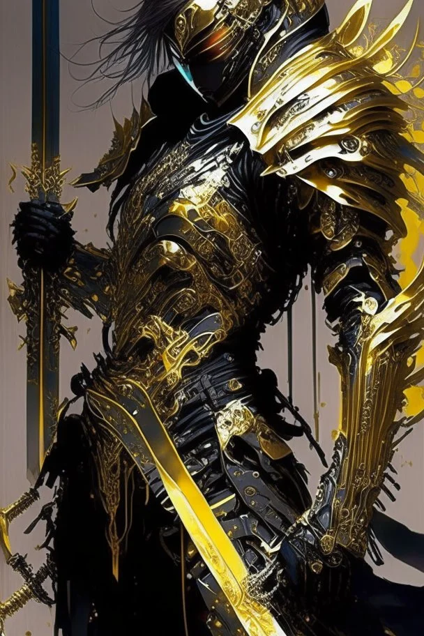 a person with a sword in their hand, very beautiful cyberpunk samurai, shirow masamune, black and golden armor, anime fantasy artwork, bio - mechanical ninja samurai, cyberpunk samurai, masamune, intricate assasin mecha armor, demon samurai warrior, light gold armor, ghostblade, lacquered armor, black and gold armor, demon samurai