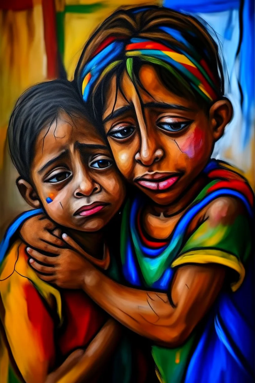 a girl hug her brother and both crying sadly, expressionism, Pixar style, in abstract art Basquiat, Picasso, Miro, Kandinsky, Klee, Birell, Fairey, Ardon, Buffet aand Picasso style, HD --s 750 --v 5.1 --style raw, water color