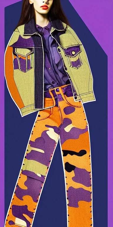 Model, woman. sérigraphie on denim with orange,terracotta, cream and purple colors. Camouflage patterns are screen printed on denim. Brunette woman in her 30's. thick thighs, thick calves, flat belly, wide hip. Mantle is sewed of recycled Denim and sewed together of camouflage pieces. It is with big bright purple felt tippet and cream-colored-hood. mantle is merged with satchel. Style: Haute Couture in 1920's and 1990's in New York. Paris in 2023