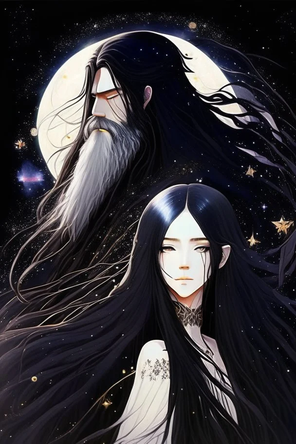 Celestial anime woman, long black hair, with bearded man