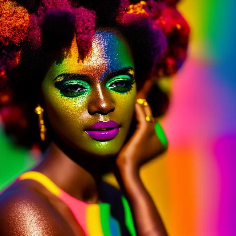 masterpiece, best quality, woman, dark skinned, sparkling eyes, fluorescent skin, colorful makeup, afro, highly detailed body, sun light, 4K, RAW, depth of field, high contrast, realistic details, 24mm