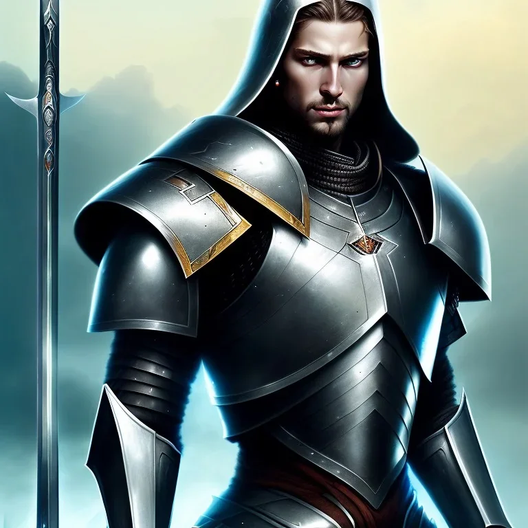  a gorgeous man in armor, without beard, Has grey eyes, black hair.