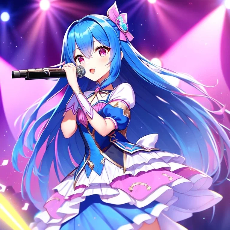 girl, masterpiece, best quality, volumetric lighting, detailed outfit, perfect eyes, long hair, blue hair, pink eyes, magical girl, music stage, microphone,