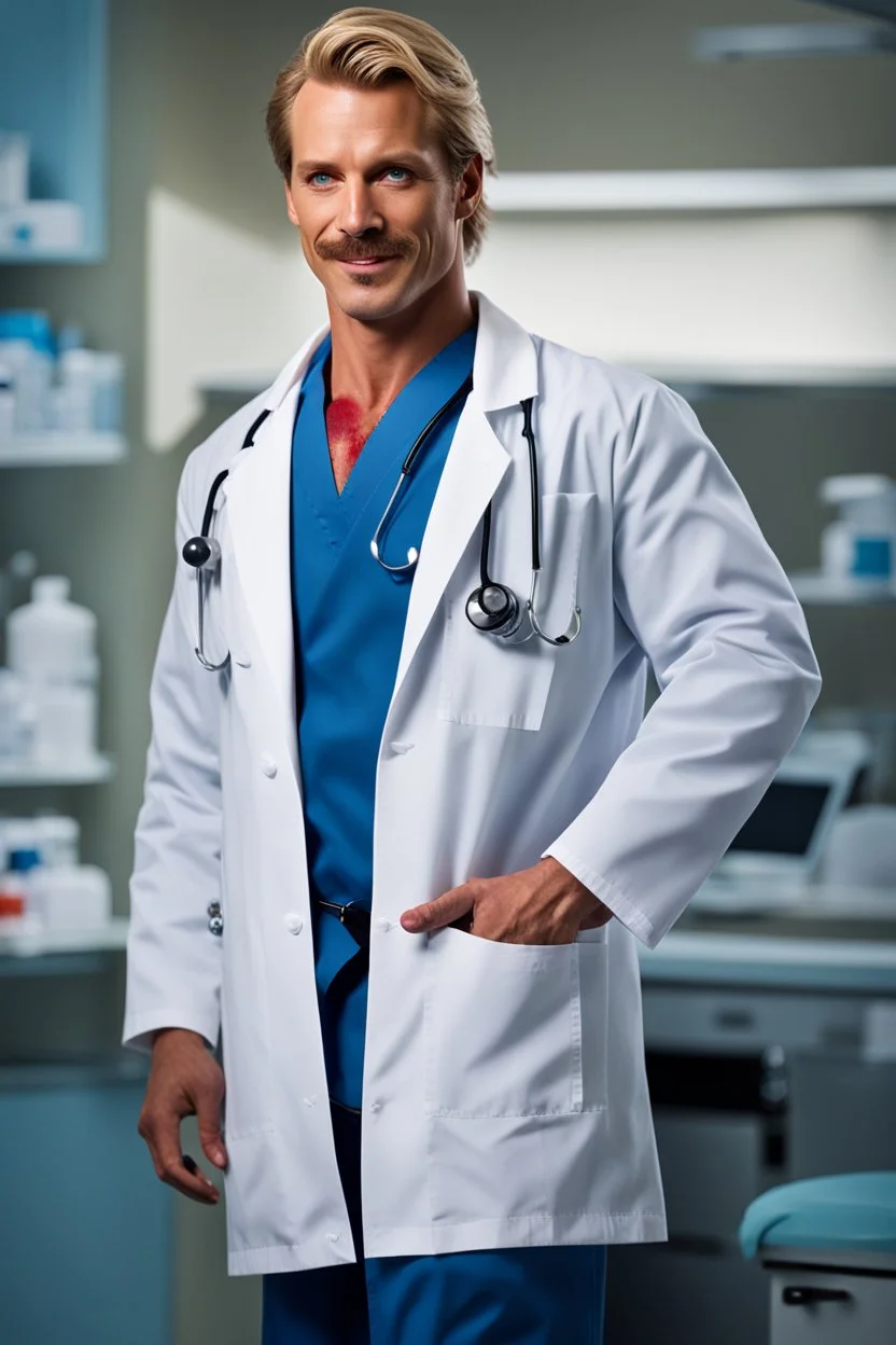 Mid-thirties, Caucasian male doctor, kind smile, blonde hair (slightly disheveled) blonde mustache, pale blue eyes, broad shoulders, muscular, six foot, Hawaiian shirt under white lab coat with bloodstains at the edges. Strong Jaw line, surrounded by shadows, photo realistic