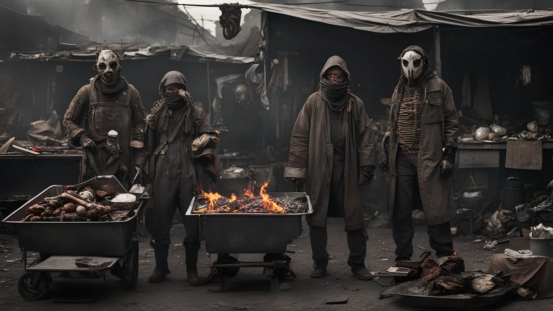 realistic movie scene: in a post apocalyptic future: a BBQ at a market, human hands and legs on the grill, clothes are made of garbage and are improvised. they wear improvised ((very detailed)) masks for protection. The costumes are very detailed and made of garbage, metal parts, scrap metal, belts, bags, car parts, spikes, They are armed and look very dangerous. all is broken, extremely used, burnt, dangerous and rusty.