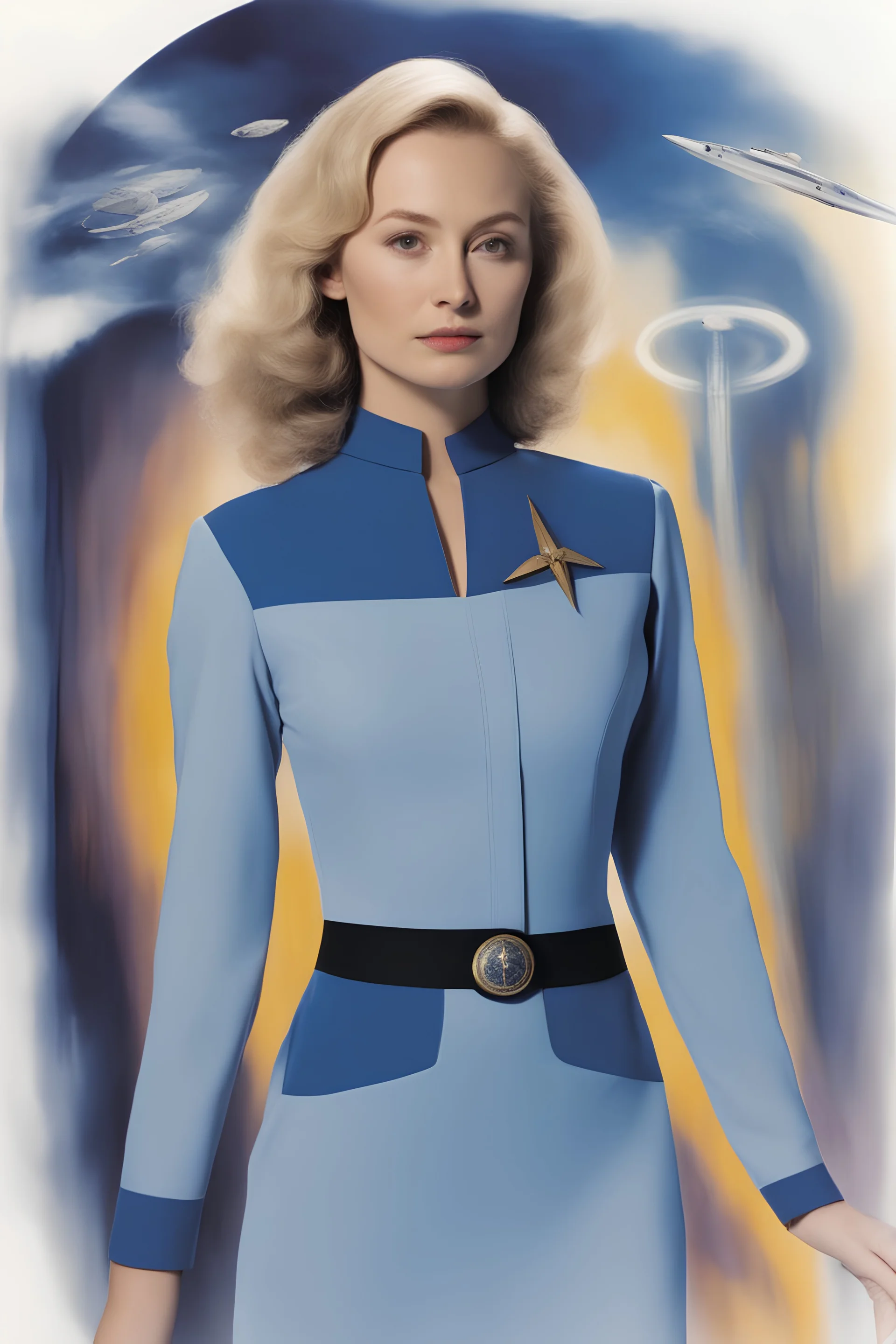 20-year-old Polly Parton as Doctor Leonora McCoy, wearing a blue, thigh length, long-sleeved, slit mini-dress with a plunging neckline and an upside-down, V-shaped Starfleet communication badge on the left chest, Physician's rank on the collar and sleeve cuffs