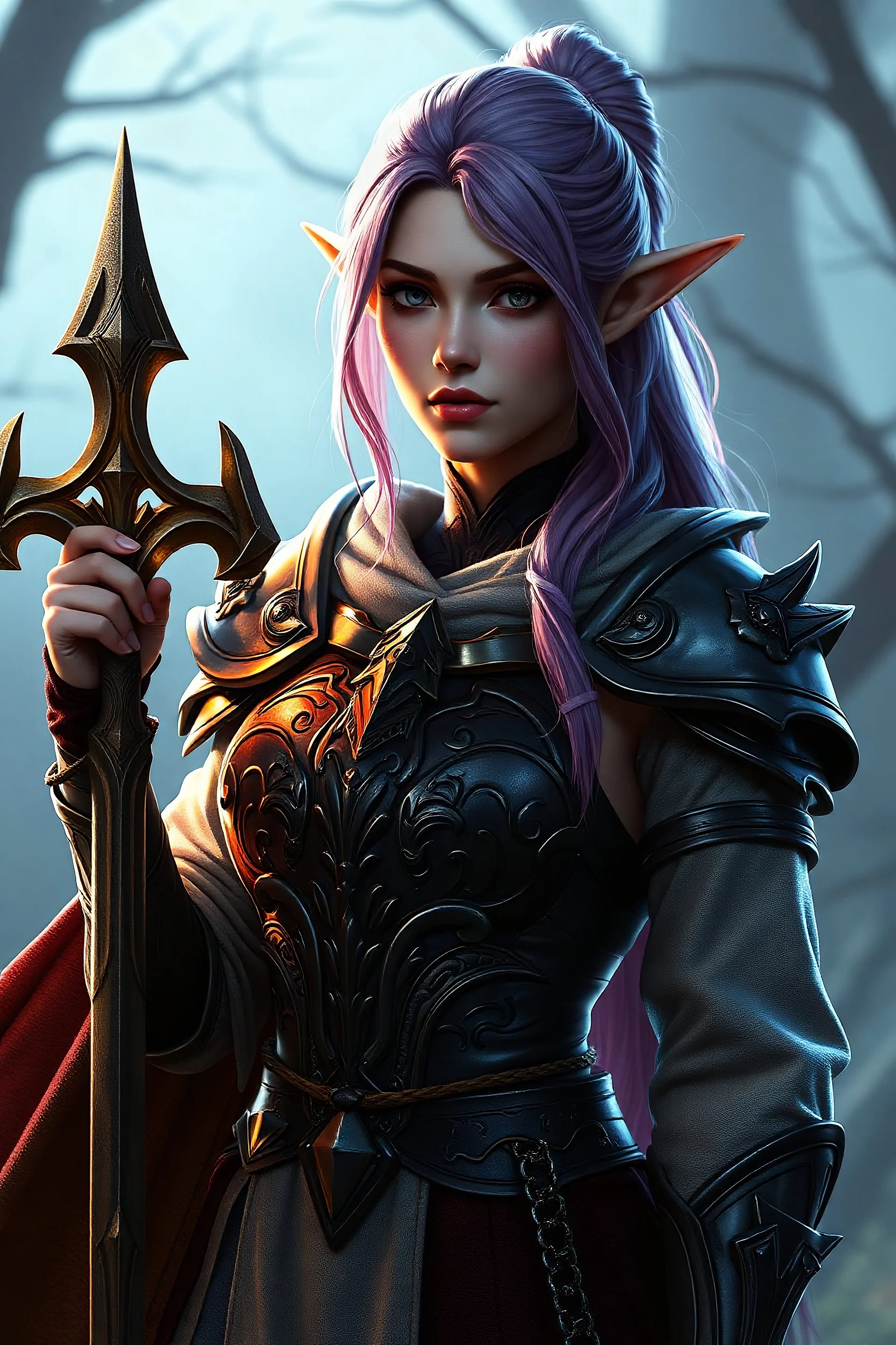 dnd character art of elf cleric, female, high resolution cgi, 4k, unreal engine 6, high detail, cinematic, concept art, thematic background, well framed, only armor on chest