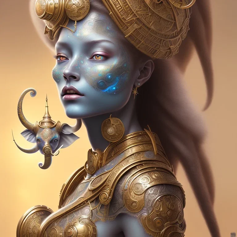 ssango fantasy, fantasy magic, intricate, sharp focus, illustration, highly detailed, digital painting, concept art, matte, artgerm and paul lewin and kehinde wiley, masterpiece silver elephant head bronze Asian African girl nice breast Hawaiian hair turquoise golden waves