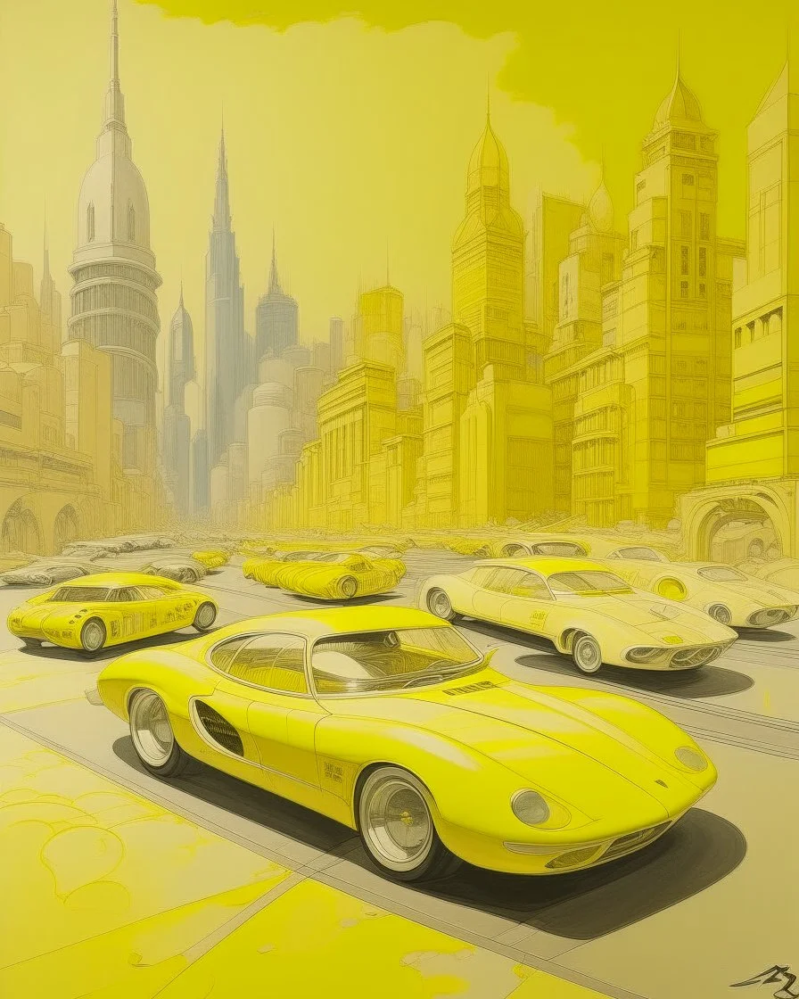 A pale yellow metropolis with speedy racecars painted by Cai Jia