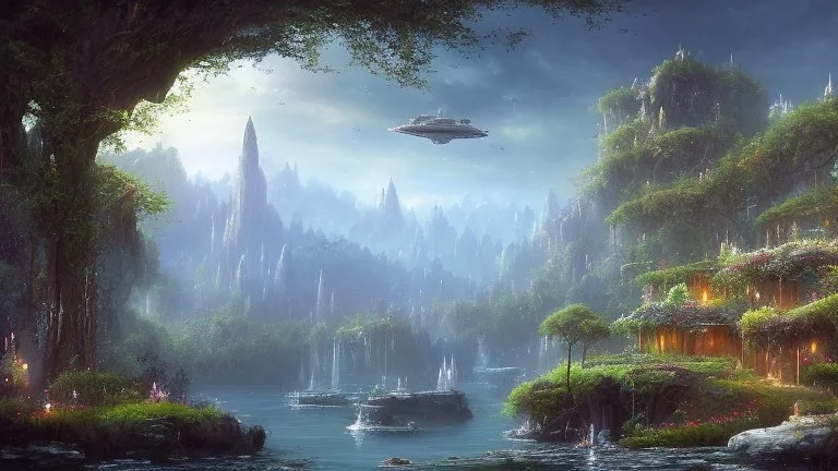 Many Spaceliners Docked At A Huge Busy Spaceportt set into The Side Of A Huge Cliff covered in plants and trees, Star Wars, Star Trek