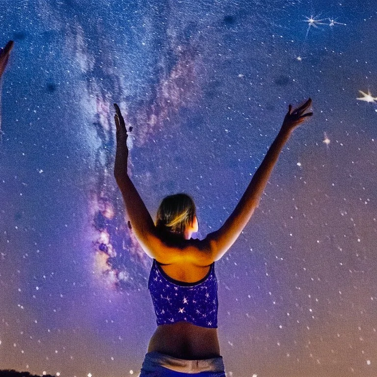 woman in tank top pointing to the night sky