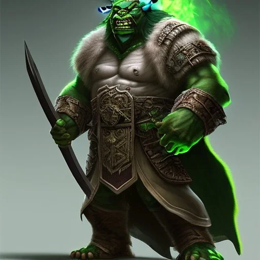 orc mage, Height 200cm, Weight 150kg, Skin color green, Has predator-like eyes, fangs, and claws, He holds an old cane in both hands. Kills humans with ferocious accuracy, Intelligence is that of a human child. Wears robes of crude cloth