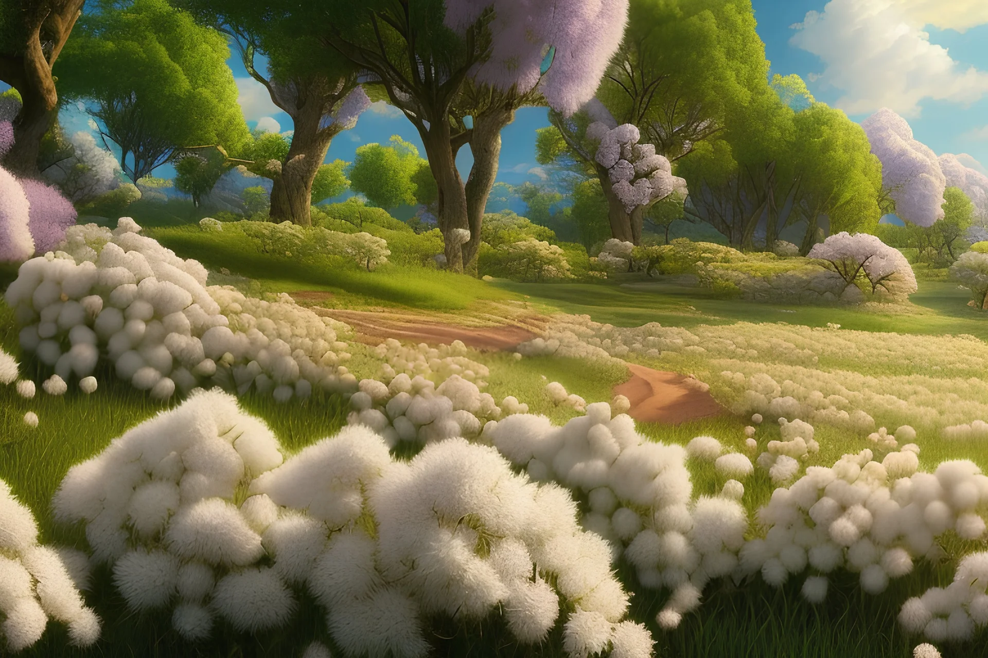 a beautiful digital painting of australian macadamia fields, masterpiece, spring time, sharp focus, intricate details, colourant colors, visually stunning, wide angle view, octane render, volumetric lighting, vdb clouds, realistic shadows, uhd, 8k, art by george french angas