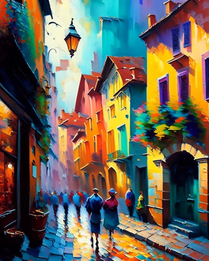 A vibrant, impressionist painting of a quaint, cobblestone street lined with colorful buildings, bustling with people and life, using loose brushstrokes and a lively color palette to convey the energy and charm of the scene.