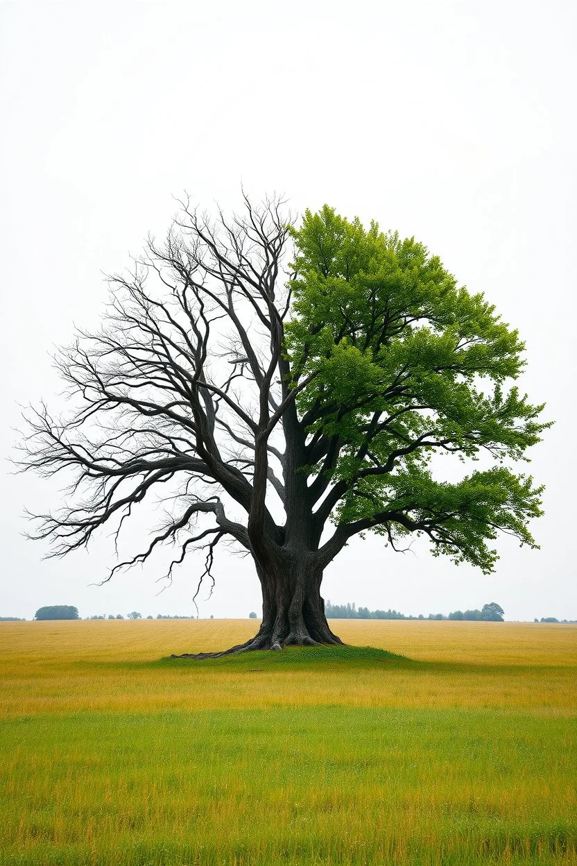 generate an image of a large tree in the middle of a field. one half of the tree represents evil. it is dark and dead and barren with no leaves or growth and the grass at its base appears dead. the other half of the tree represents good. it is healthy, full of leaves. the background should be a normal, average outdoor field. the theme is polarity and good vs. evil