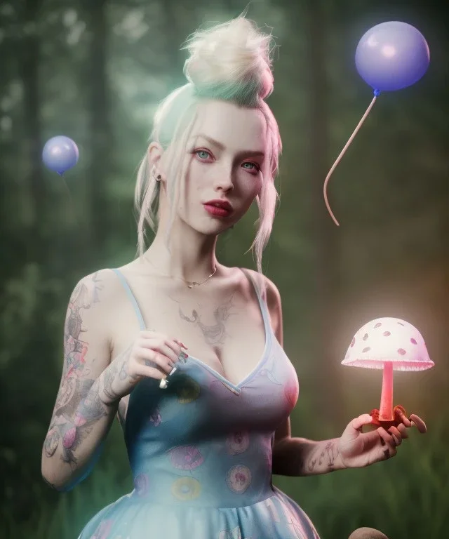 Ultra realistic wonderland photo, happy blonde Alice smoking a pipe, blue dress, white rabbit pet, circus dress style, old school tattoo, smoke, marijuana garden, glow eyes, perfect iris, little mushroom balloons, soft color, highly detailed, unreal engine 5, ray tracing, RTX, lumen lighting, ultra detail, volumetric lighting, high definition.