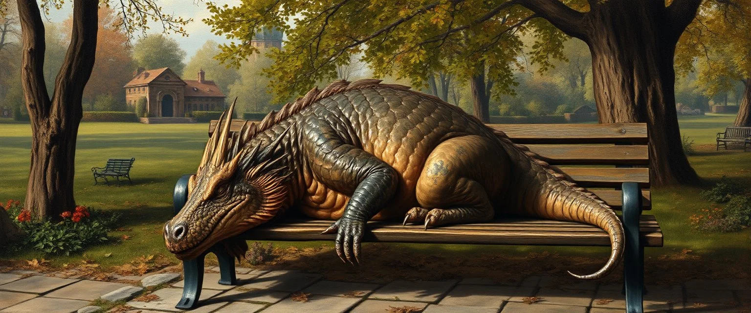 master oil painting by Rembrandt, fat dragon sleeping on a bench in the park