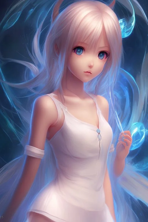 A soft and beautiful and innocent anime girl. Background is a world of fire and ice