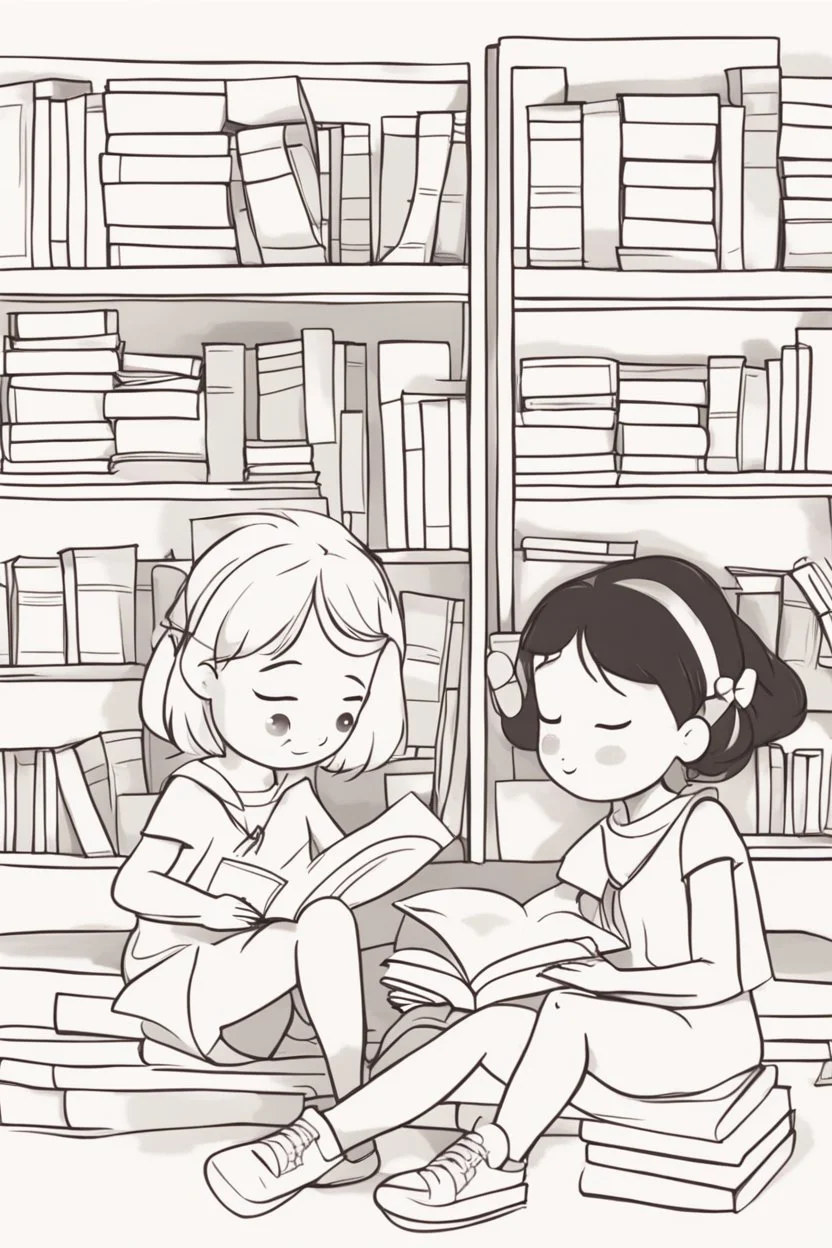 Little girls sitting together, reading books with rectangular-shaped pages. Incorporate rectangles for the books, bookshelves, and cozy reading nooks.,very happy , Colloring page for todlliers ; basic hawali style cartoon , black and white , ink outlines , , smooth , anime style , minimalist , cute eyes , full body , white shose , sketchbook , realistic sketch , free lines , on paper , character sheet , clean line art high detailed