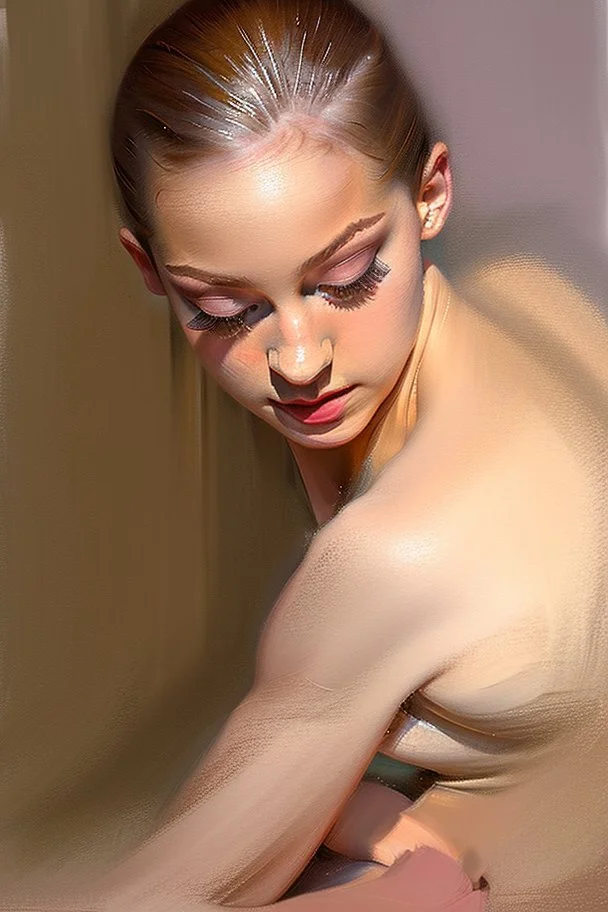 close up realistic portrait of a beautiful ballerina, stretching next to a mirror, in impasto style, thick strokes of oil paint, realistic thick textures