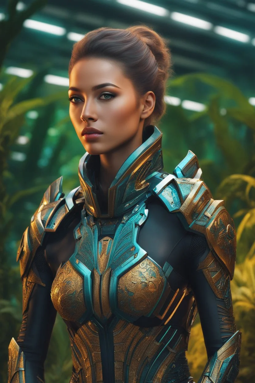 (The Year 2745 A.D.), (Beautiful Young Warrior In A Futuristic Jungle), High Quality, Super Closeup, Extreme Definition, Insanely Detailed, Beautiful Composition, Detailed Resolution, Ultra Closeup, Intricate Detail, Fine Detail, Vivid Colours, Innovative Futuristic Technology, High Tech, Intricate Designs, Futurism, 8k, Laser Sharp Focus