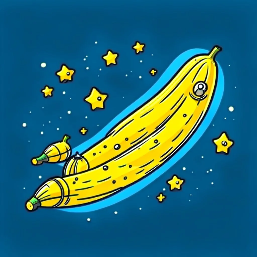 draw cartoon yellow banana as starship flying in space.