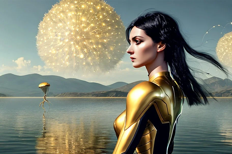 Photorealistic skinny woman with black hair, in a gold and black android suit, standing, looking out over a lake, with flying dandelion heads with octopus tentacles, with tall narrow cloud trees in the distance