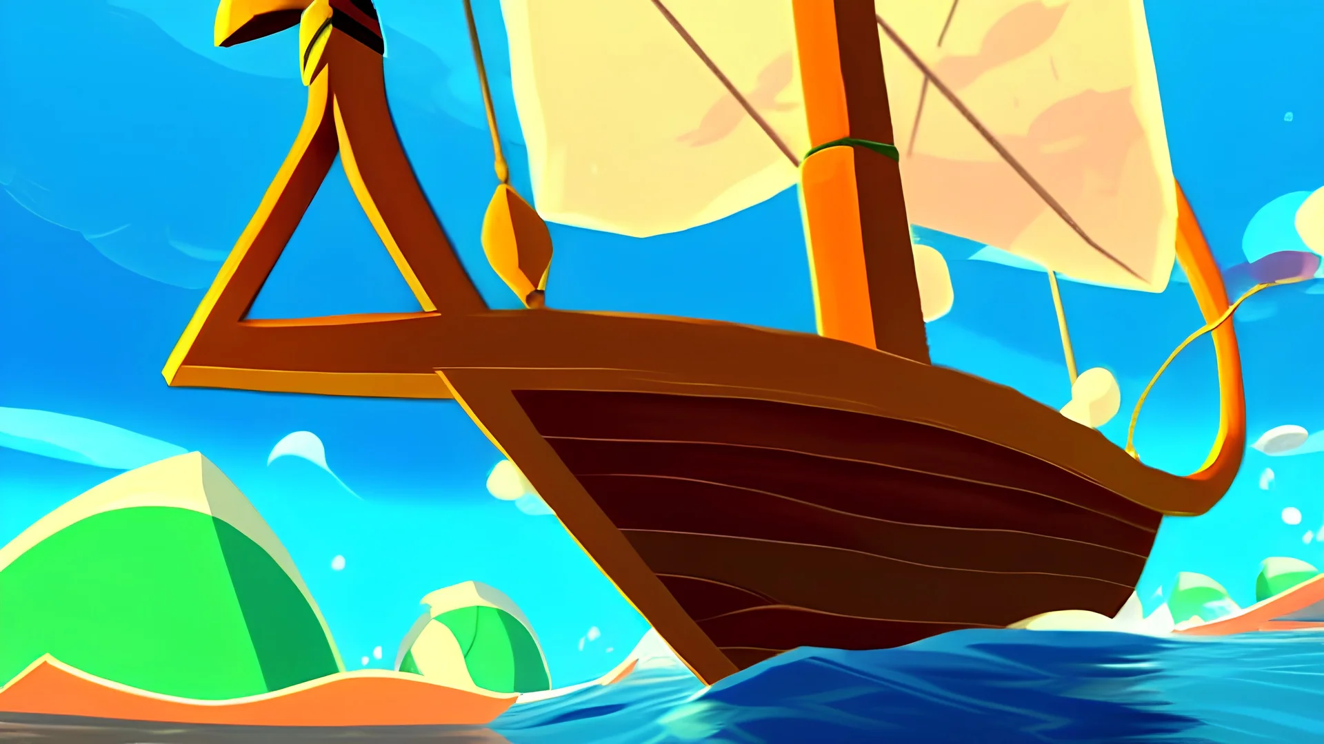 Small wooden ship, Legend Of Zelda: Wind Waker style, on a vast ocean, stylized, colorful, adventurous, no ships nor islands.