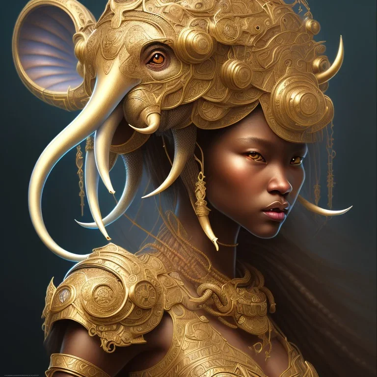 Sango fantasy, fantasy magic, intricate, sharp focus, illustration, highly detailed, digital painting, concept art, matte, art germ and Paul Lewin and Kehinde Wiley, masterpiece black elephant head bronze monkey Asian African girl nice breast Hawaiian hair turquoise golden waves