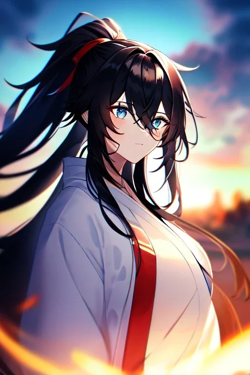 girl, masterpiece, best quality, cinematic lighting, detailed outfit, vibrant colors, perfect eyes, blue eyes, long hair, black hair, messy hair, hair between eyes, depth of field, ray tracing, miko, ponytail,