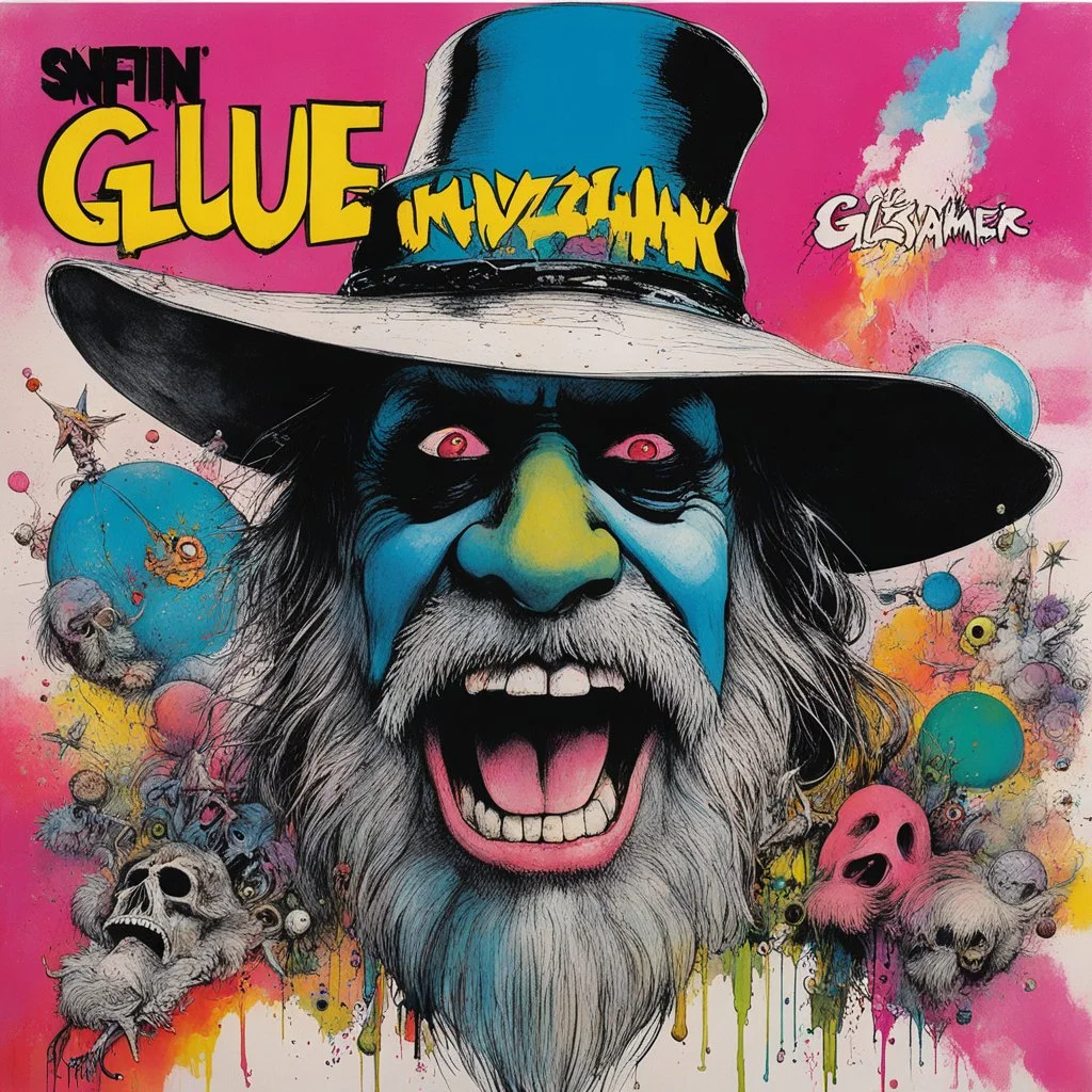 SNFIIN'GLUE album cover by Ralph Steadman for Aardschok(nl) and MetalHammer mag, guest star: wizard beard glitched acid trip by Mil Mascaras