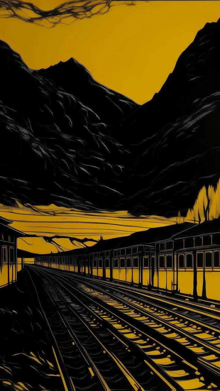 A dark golden train station on a mountain painted by Andy Warhol