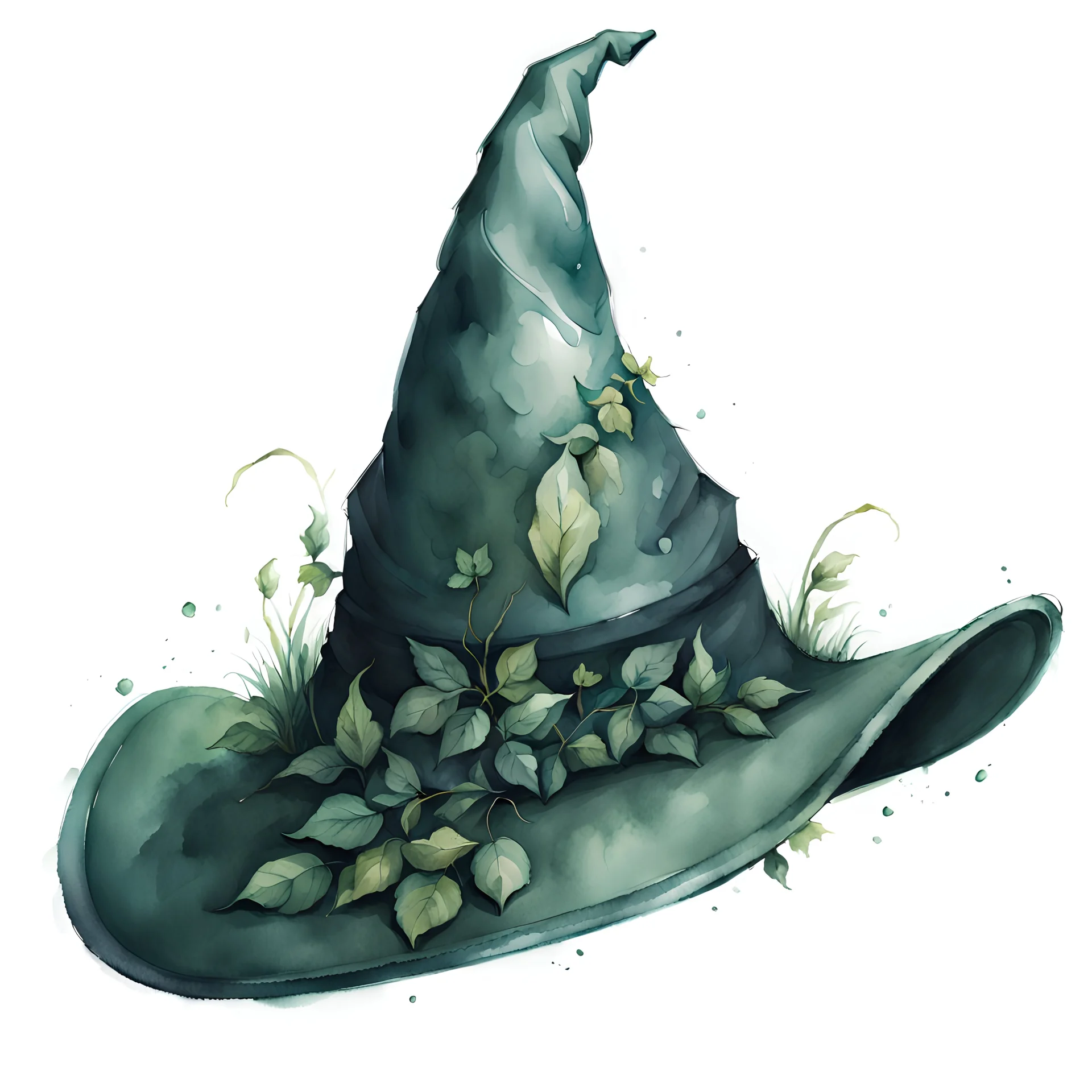 watercolor, dark style, dark green vintage witch's hat with herbal decoction with emeralds and with grass and leaves, Trending on Artstation, {creative commons}, fanart, AIart, {Woolitize}, by Charlie Bowater, Illustration, Color Grading, Filmic, Nikon D750, Brenizer Method, Side-View, Perspective, Depth of Field, Field of View, F/2.8, Lens Flare, Tonal Colors, 8K, Full-HD, ProPhoto