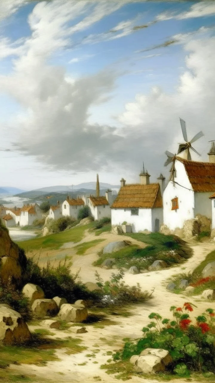 A white village with windmills painted by Gustave Courbet