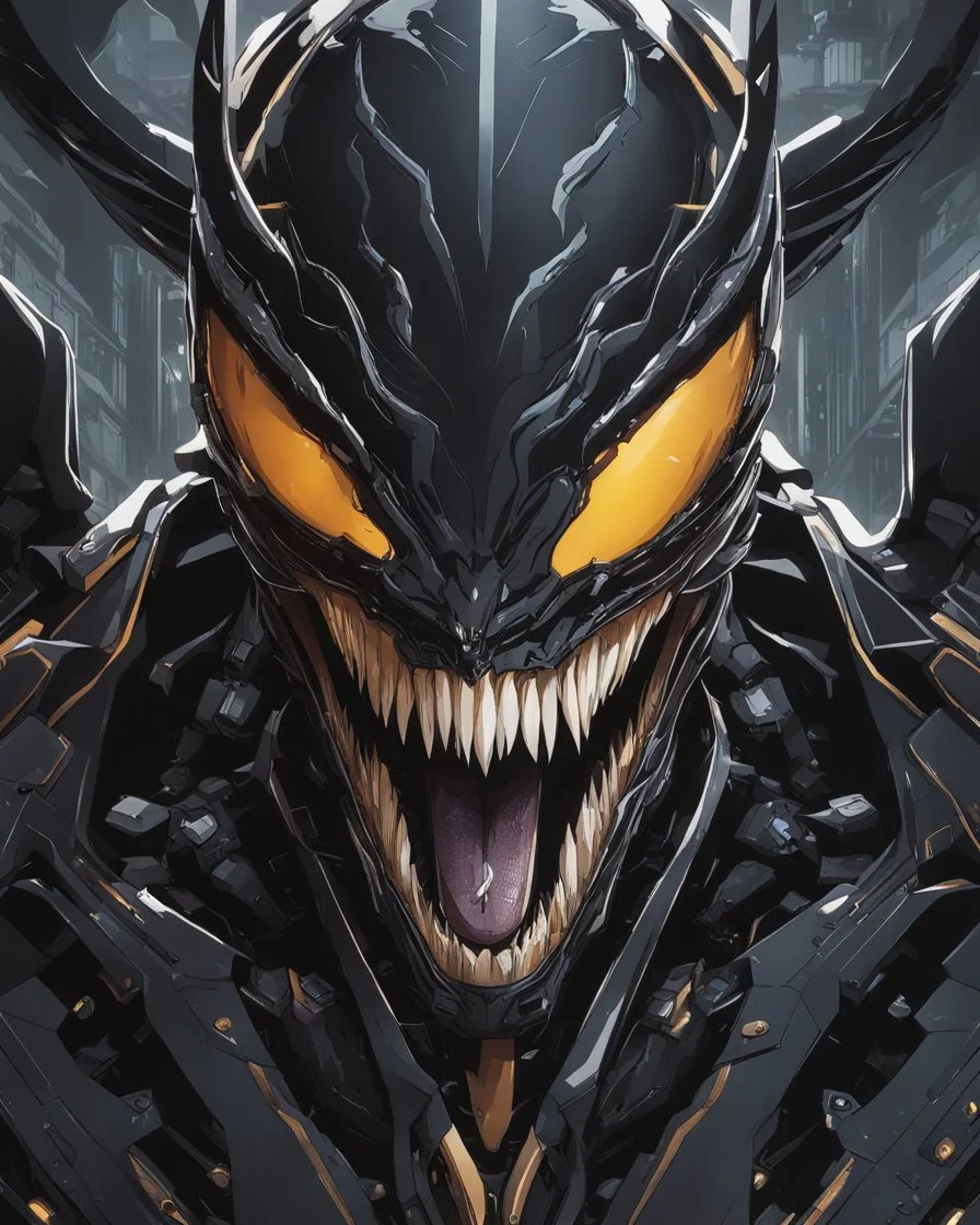 Venom mix with machine in solo leveling shadow artstyle, cyberpunk them, intricate details, highly detailed, high details, detailed portrait, masterpiece,ultra detailed,best quality