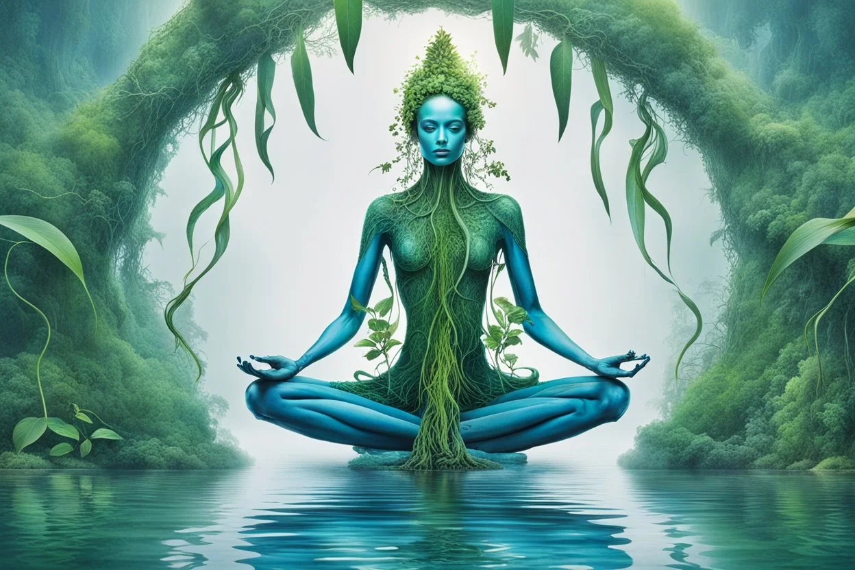 Ecological Art, plants, floating earths, long leaf tendrils, green colors and shades, in blue waters full body beauty mitical human-plants mutant meditates in stunning alien flora , cinematic, mistic mood