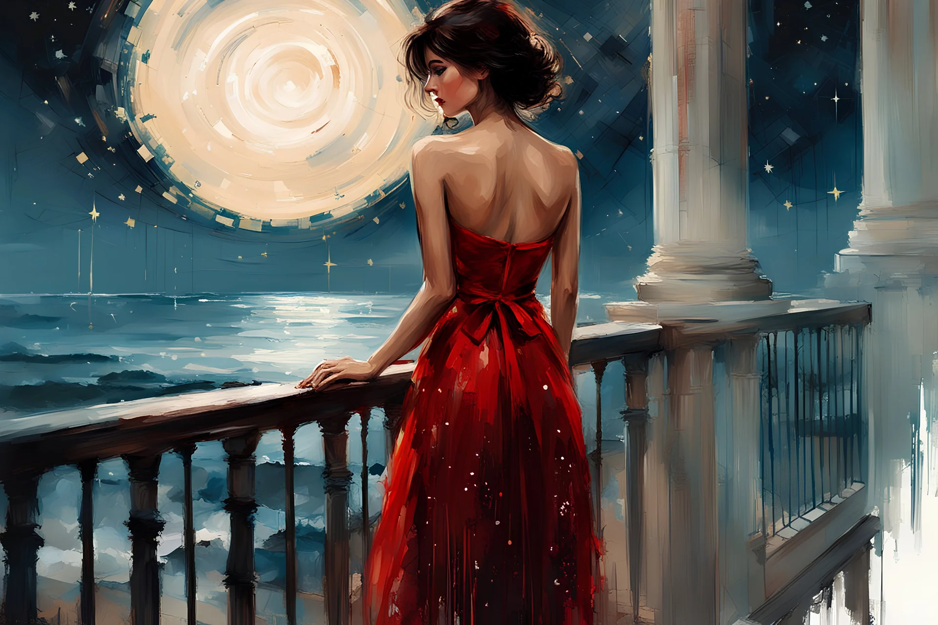 brunette woman 30yo with short bob hair in a flowing red dress on a balcony overlooking the sea at night with lots of stars in the sky:: digital matt painting with rough paint strokes by Jeremy Mann + Carne Griffiths + Leonid Afremov, black canvas