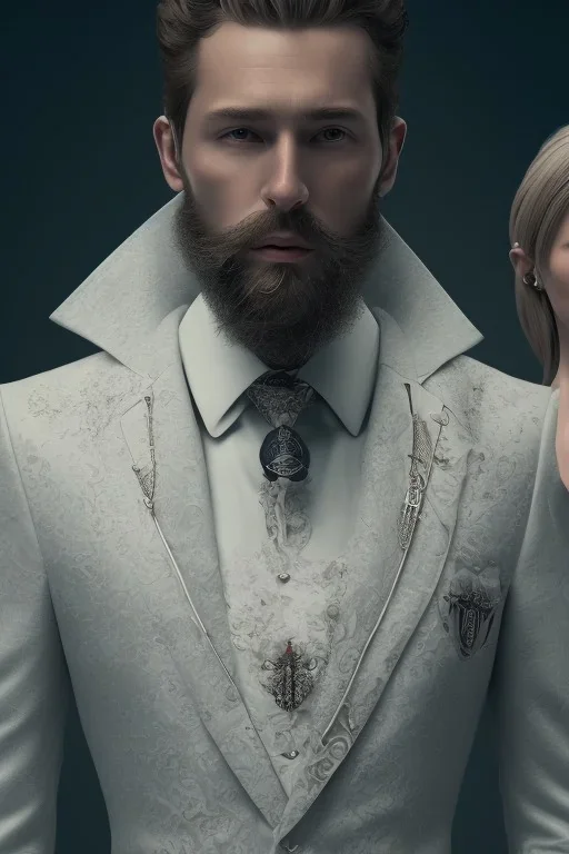 8K, a Highly detailed stunning portrait of Dom man with a kneeling woman, white suit, beard, and short hair, bad boy