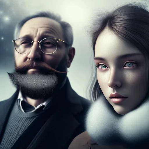 a young woman sitting next to a 50-year-old man with a beard and short hair, portrait, 8K, close-up face, anatomically perfect face, Highly detailed stunning full frame portrait, misty and cloudy atmosphere