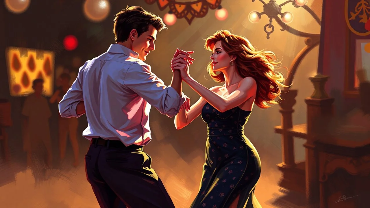 Man and woman in their thirties dancing swing, digital painting, Art